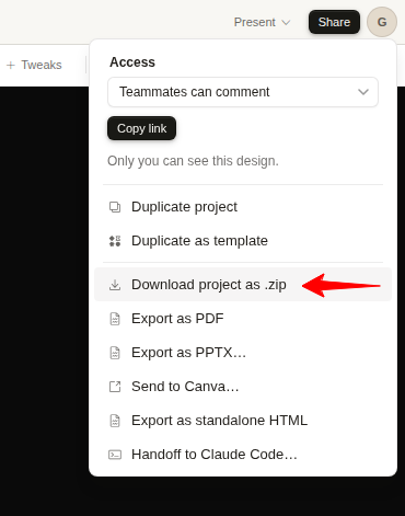 How to download ZIP from Claude Design